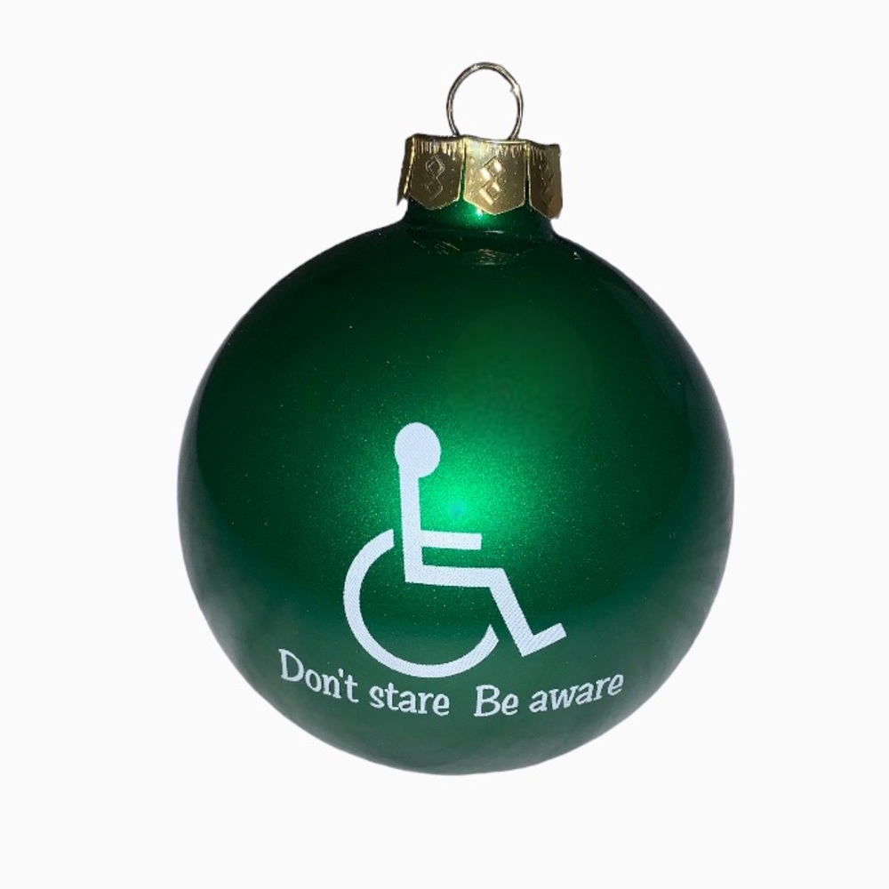Glass Green Wheelchair Don’t Stare Be Aware Christmas Holiday Ornament Holiday